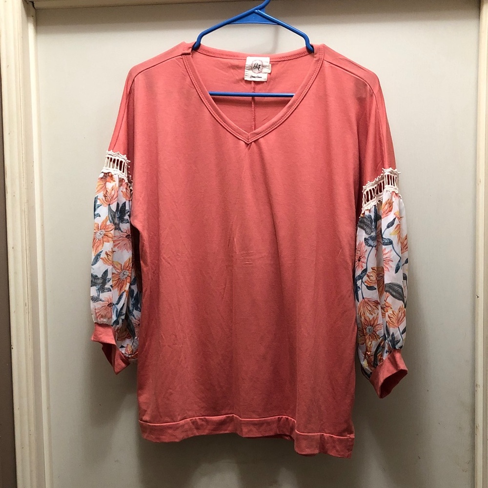 Elegant Coral Shirt with Floral Sleeves